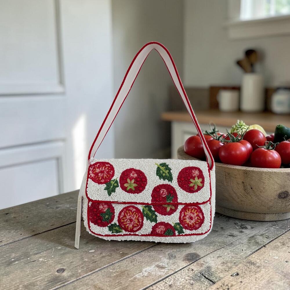 Handcrafted In India Beaded Tomato Print Shoulder Bag White Red Green